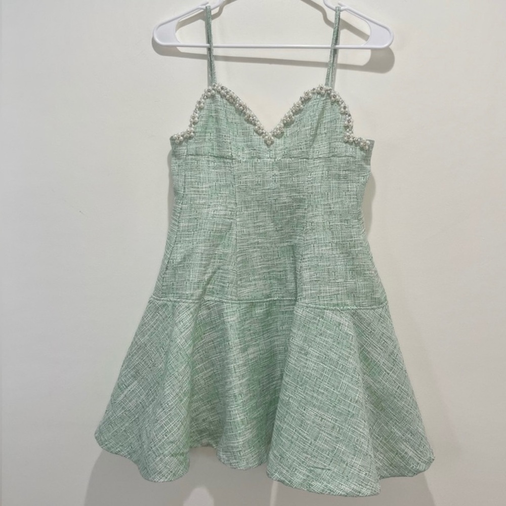 Mint Green Tweed Pearl Embellished Fit And Flare Mini Dress